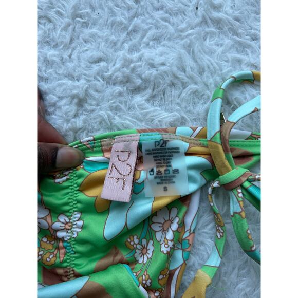 P2F Green Retro Floral Ruched String Tie Bikini Bottoms Size Small - Picture 7 of 7